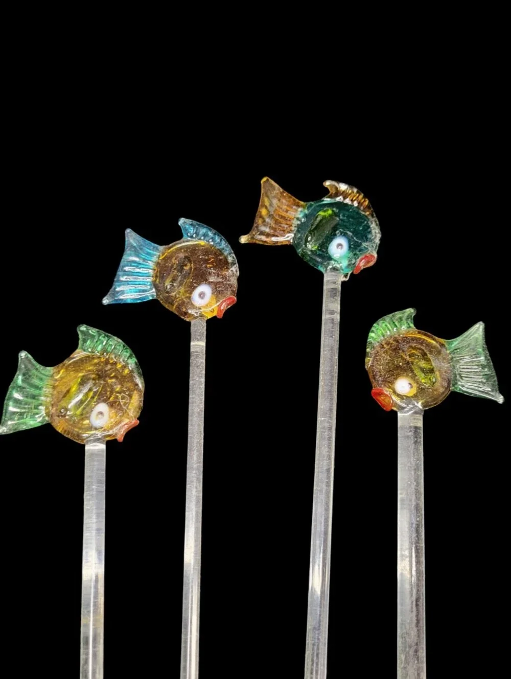 Vintage Tropical Handblown Glass Fish & Pinapple Cocktail Swizzle Stirrers